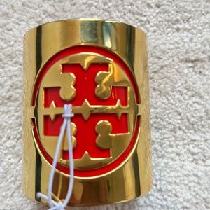 Tory Burch Leather Stencil Logo Cuff, Red